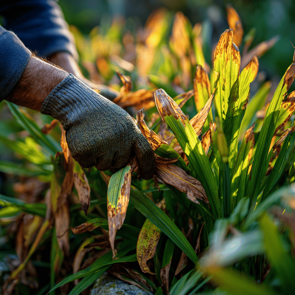 Removing dead daylily foliage in autumn